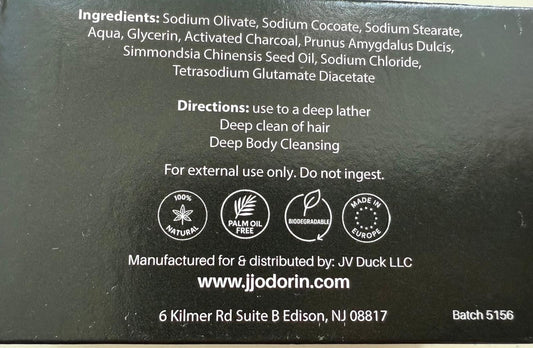 Back label of JJ Smokin Shampoo & Soap Bar showing product information, ingredients, and odor removal benefits for smoke and industrial smells