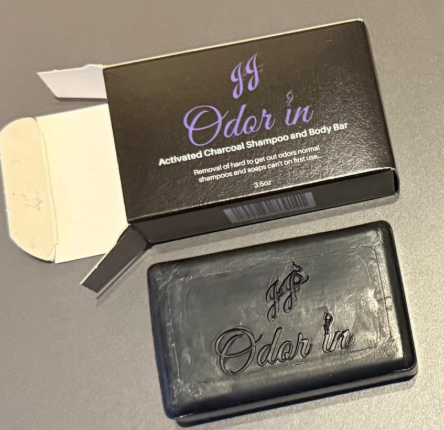 JJ Odor In activated charcoal shampoo and soap bar designed to remove stubborn body, industrial, sweat, and chemical odors from hair and skin