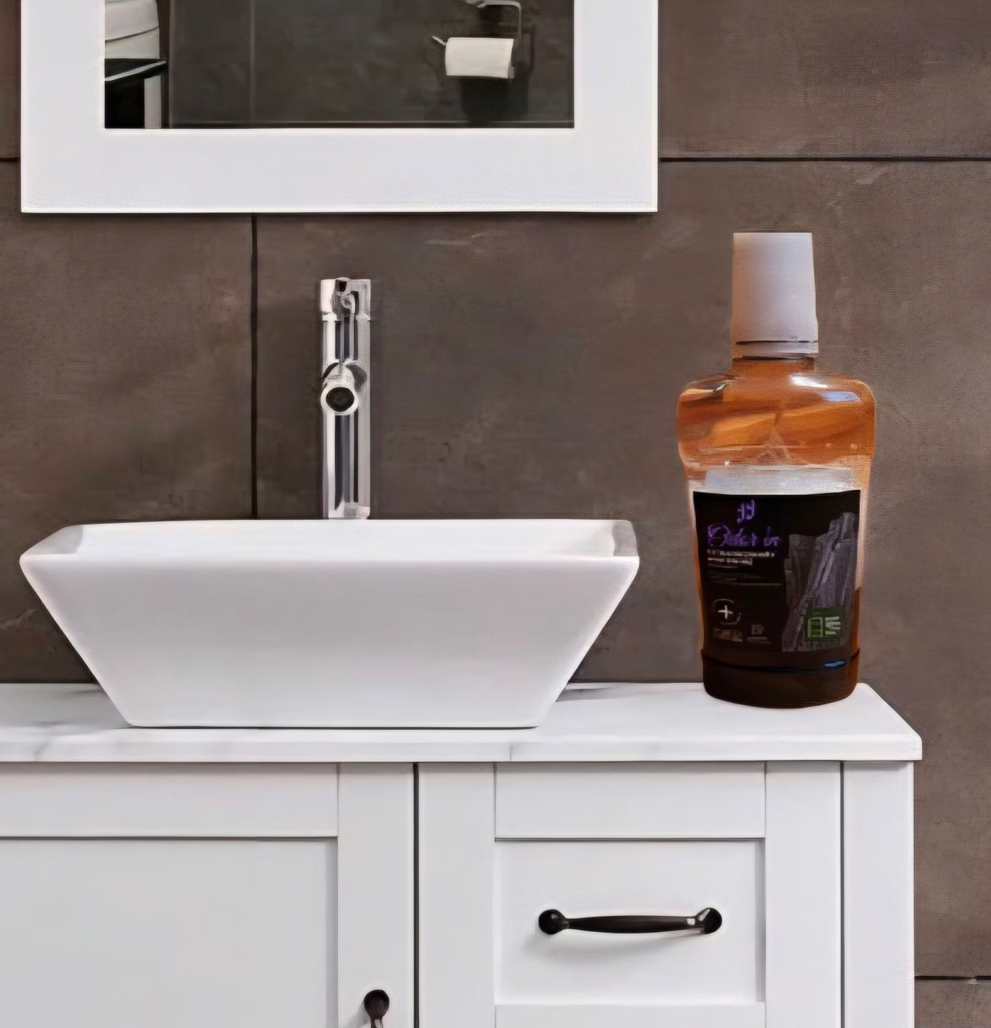 Bottle of mouthwash on the bathroom sink