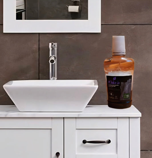 Bottle of mouthwash on the bathroom sink