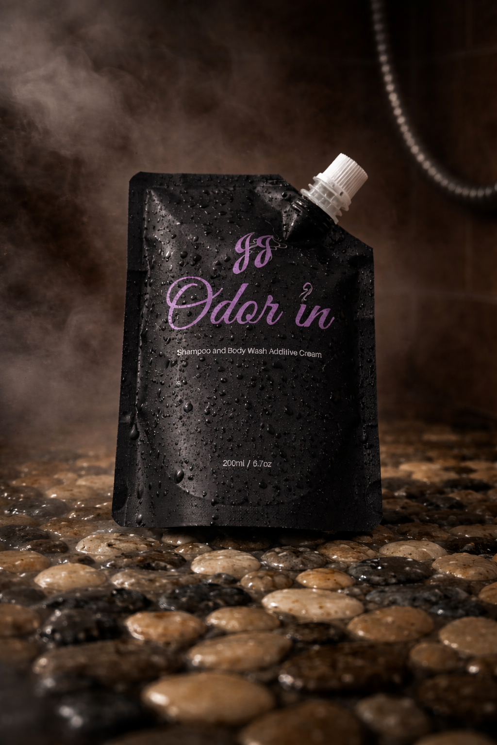 Black pouch labeled 'Odor in' on a textured surface with steam in the background