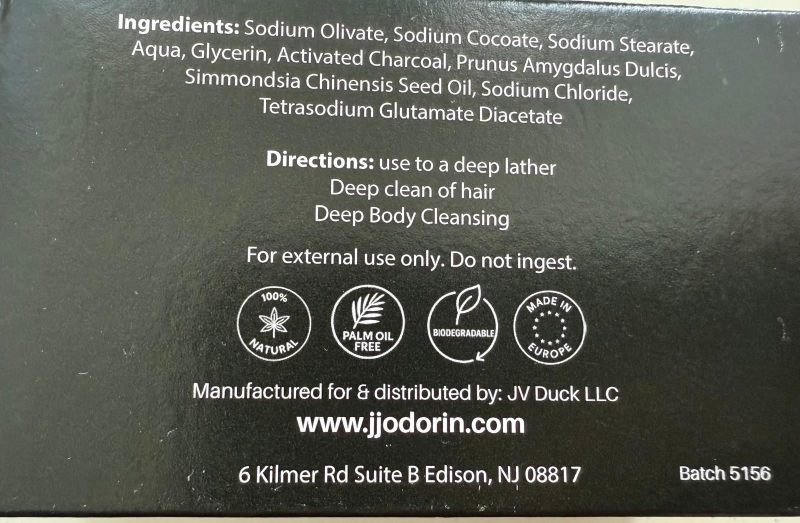 Back label of JJ Smokin Shampoo & Soap Bar showing product information, ingredients, and odor removal benefits for smoke and industrial smells