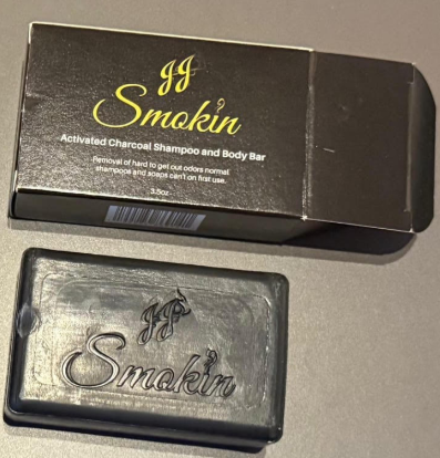 JJ Smokin activated charcoal shampoo and soap bar for removing cigar smoke, industrial odors, and stubborn smells from hair and skin